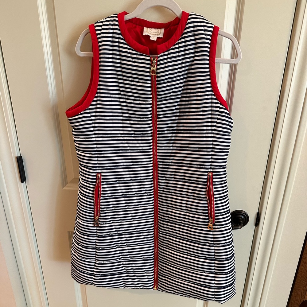 STS Sail to Sable sleeveless puffy vest navy and white stripe with red detail!